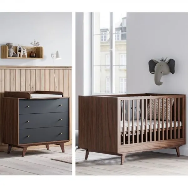Chambre duo lit 70x140 + commode Noir/Noix - Collection Mid