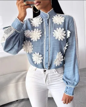 Chemise Boutonné en dentelle contrastée à motif floral