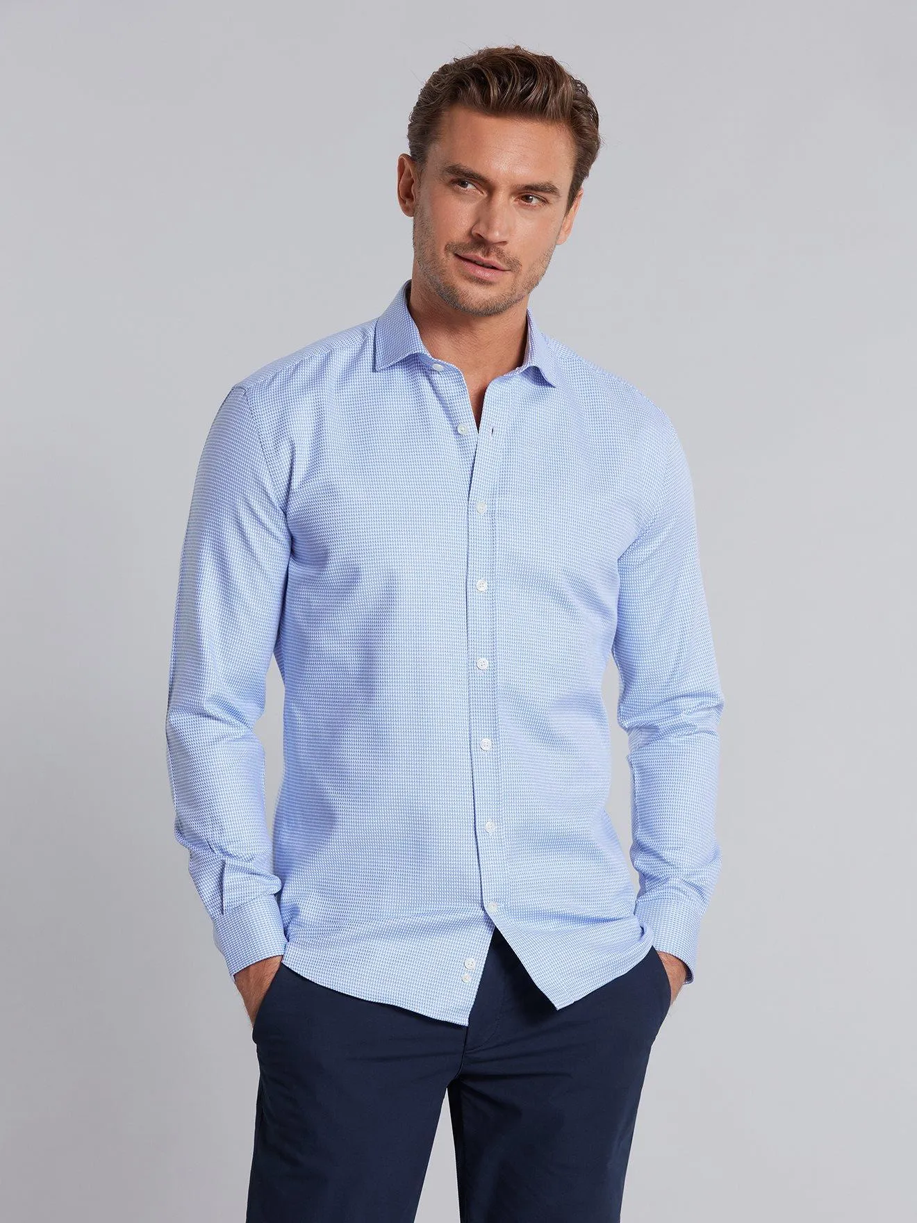 Chemise cintrée Théo en pied de poule ciel