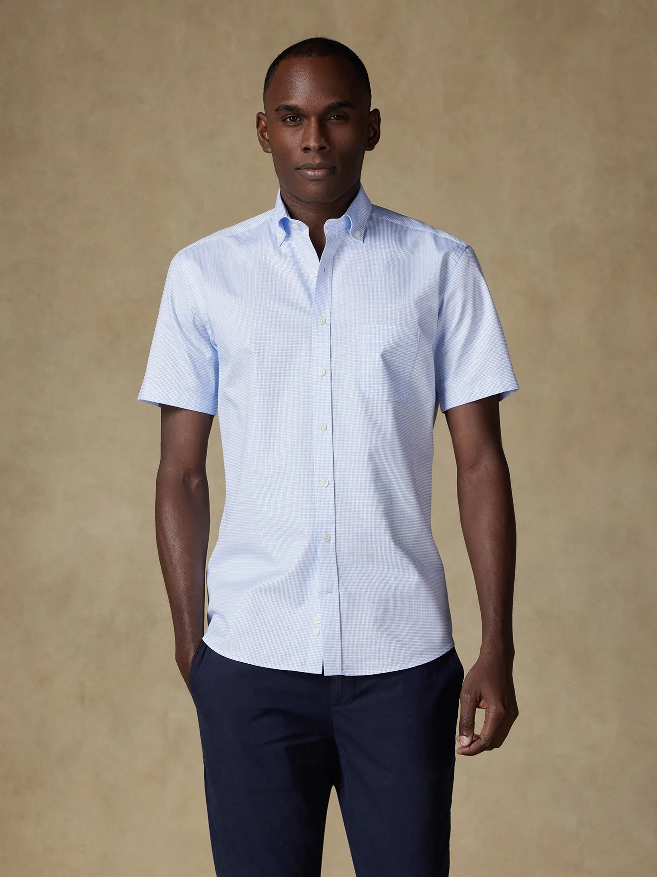 Chemise manches courtes Lenny à carreaux ciel  - Col Boutonné