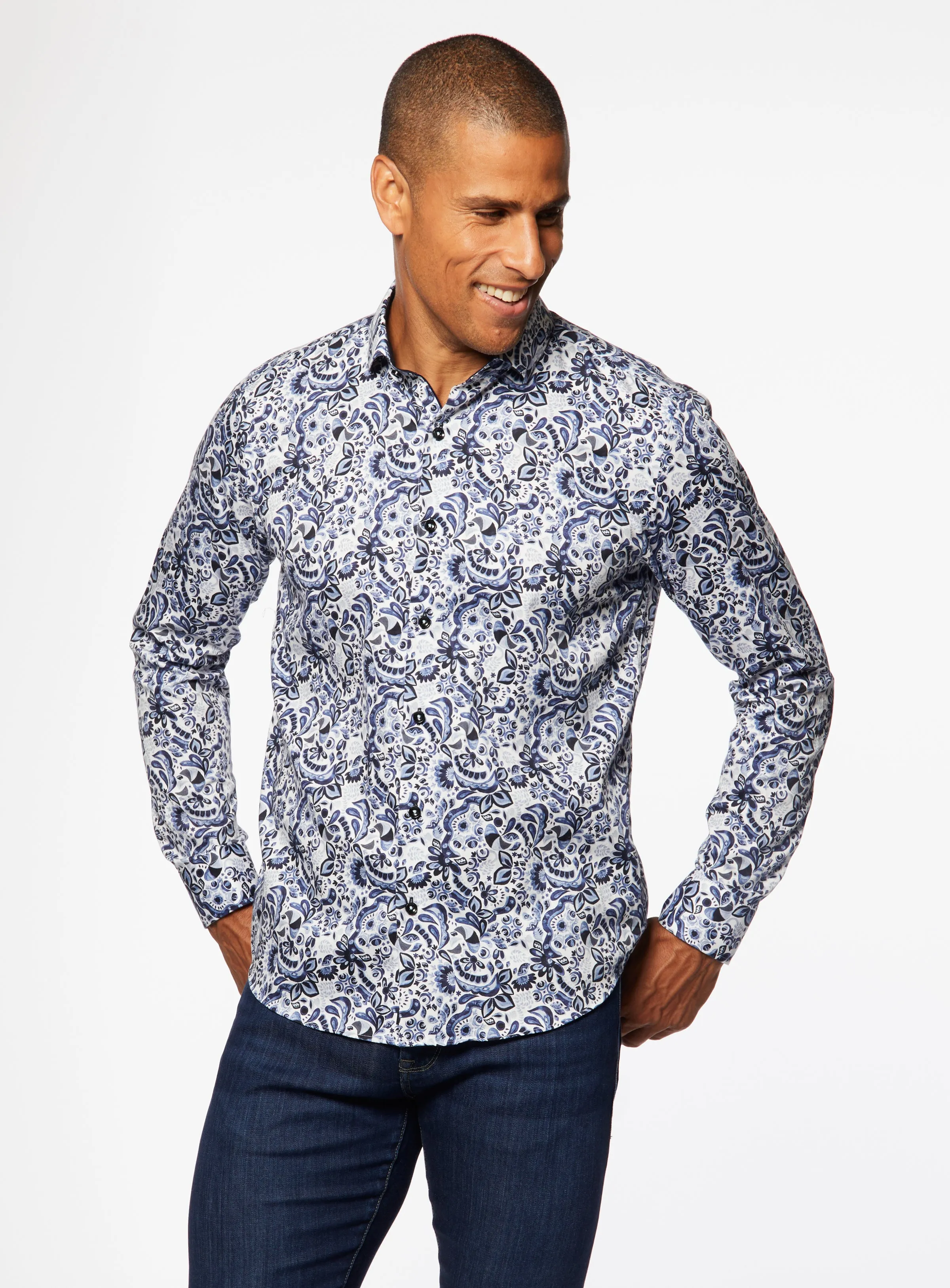Chemise satinée à imprimé paisley bleu