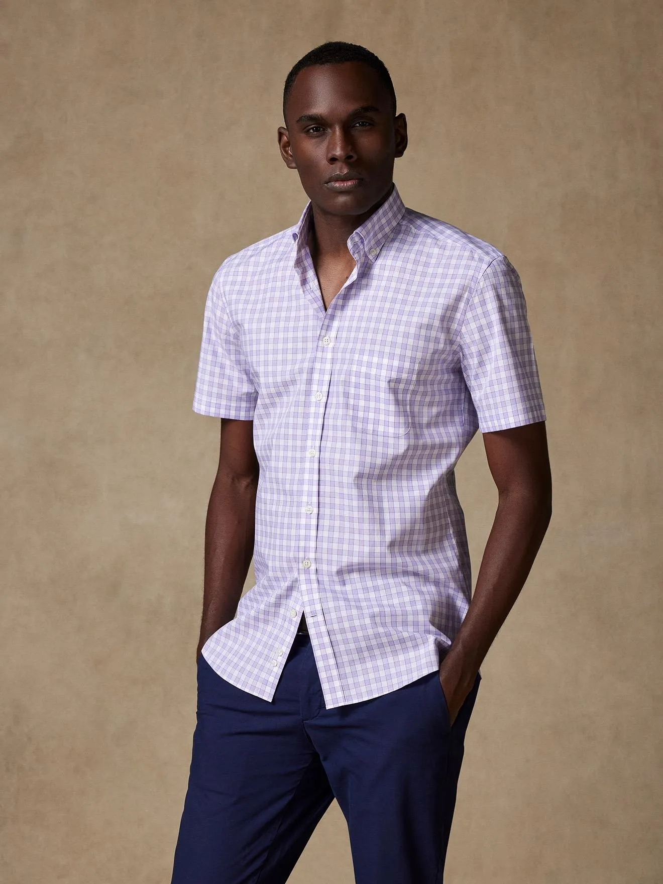 Chemise à manches courtes Curtis à carreaux parme - Col Boutonné