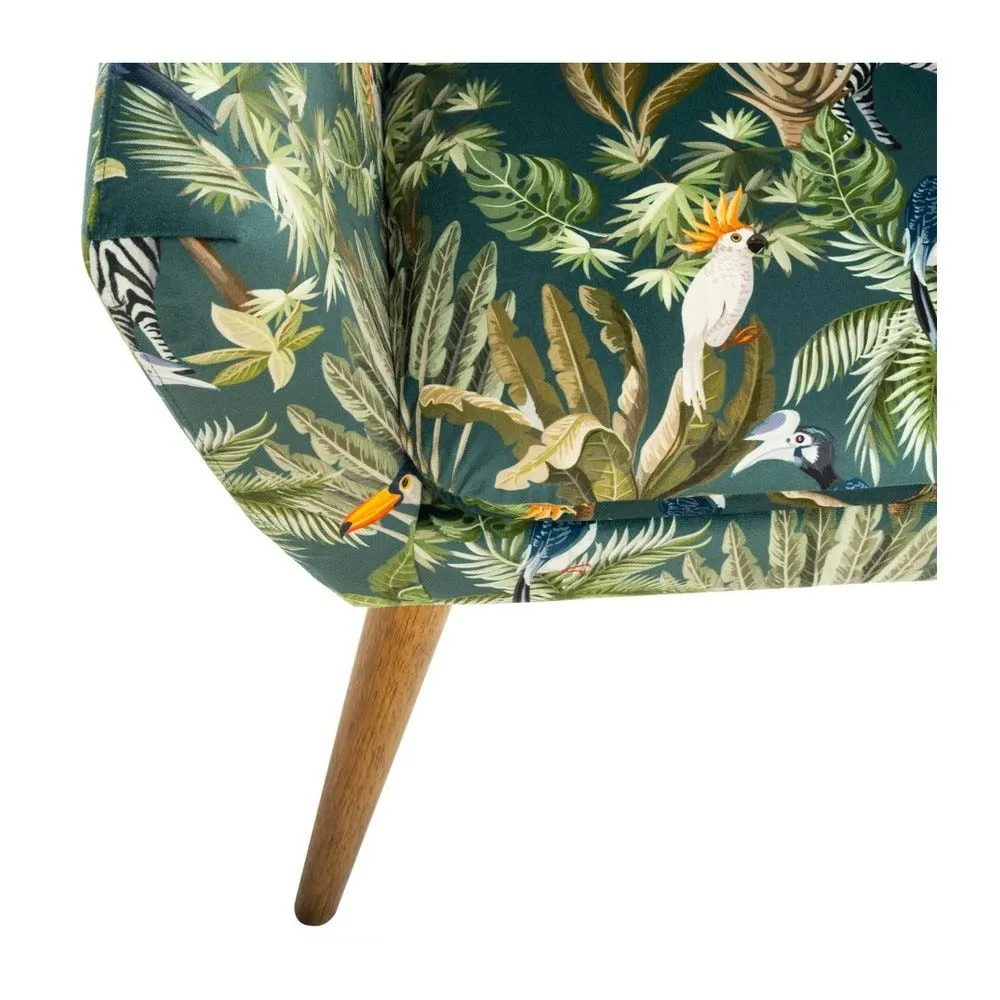 Fauteuil en velours vert motif jungle et pieds en bois