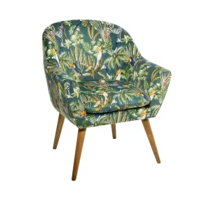 Fauteuil en velours vert motif jungle et pieds en bois