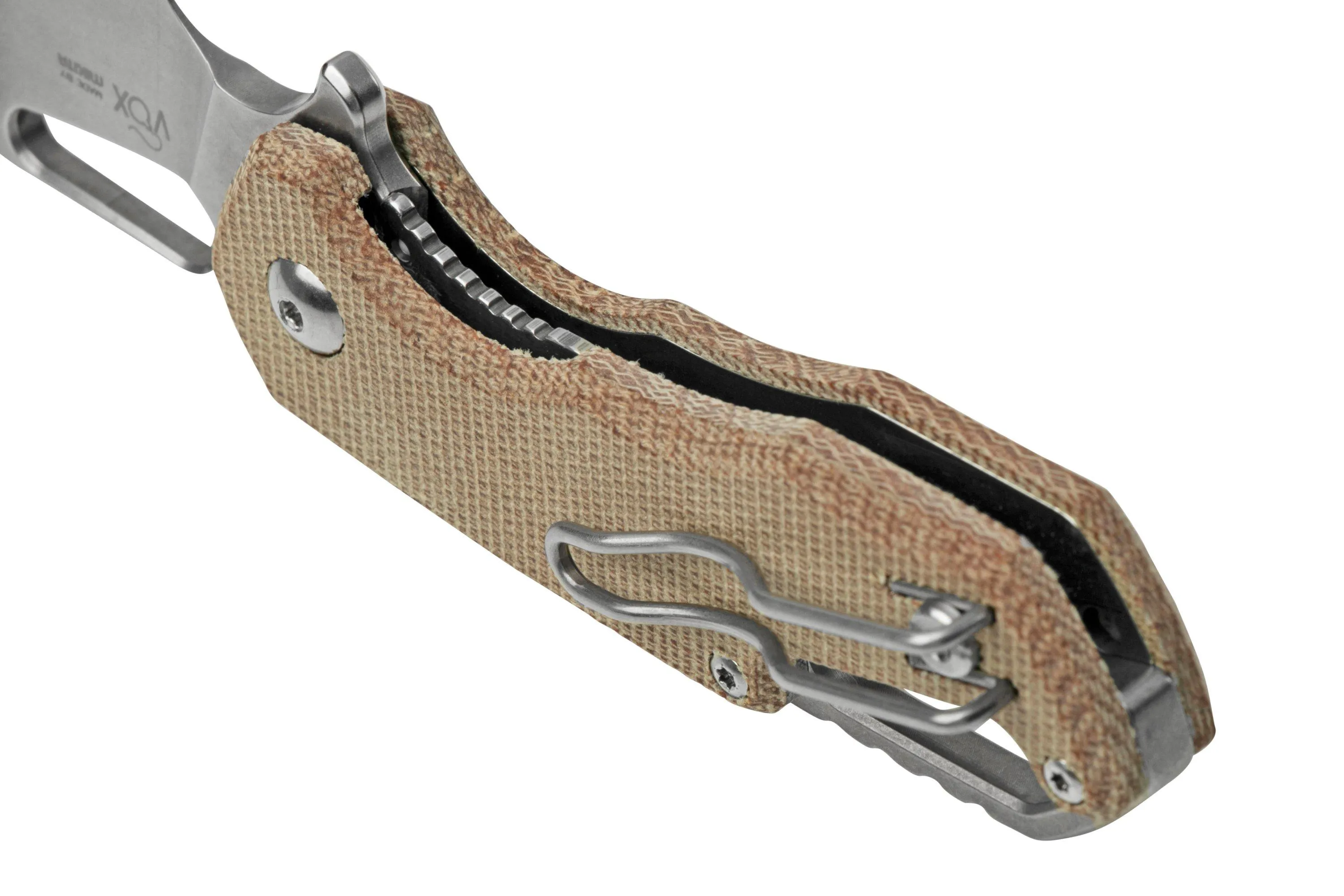 MKM Isonzo FX03M-1NC Hawkbill M390, Natural Canvas Micarta couteau de poche, Jesper Voxnaes design