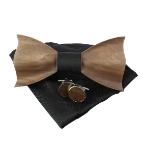 Noeud papillon en bois, noir, Boutons de manchette et pochette