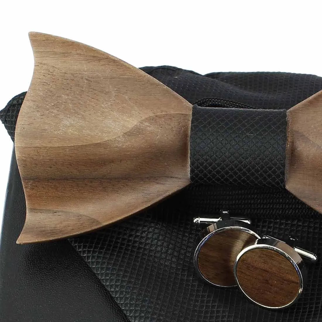 Noeud papillon en bois, noir, Boutons de manchette et pochette