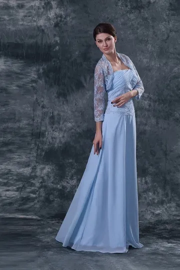 Robe bleu de soirée bustier plissée & appliquée dentelle en mousseline