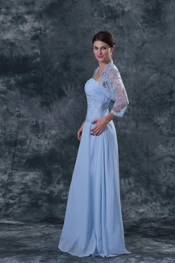 Robe bleu de soirée bustier plissée & appliquée dentelle en mousseline